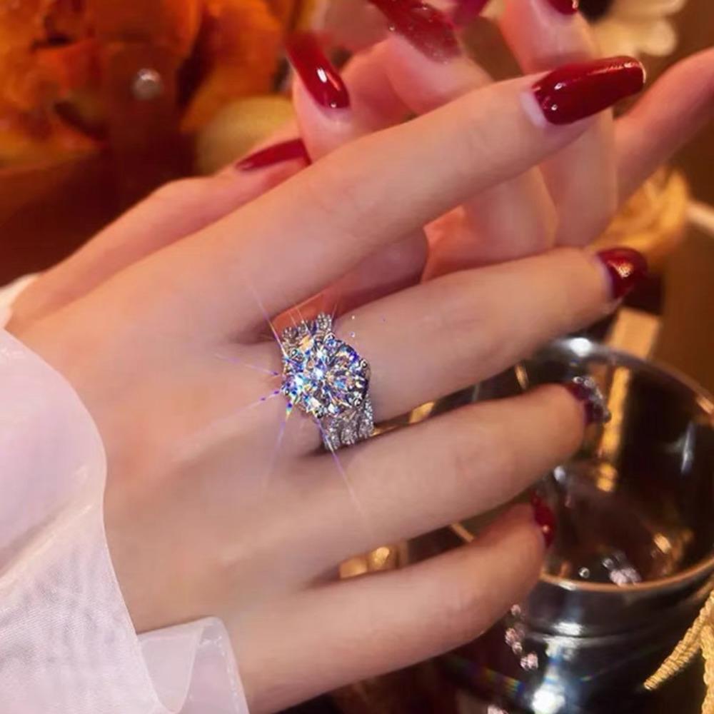 Wosikate Luxury 5 Carat Moissanite Gemstone Six Claws Super Sparkling Ring For Women Fashion Wedding Jewellery Adjustable Ring