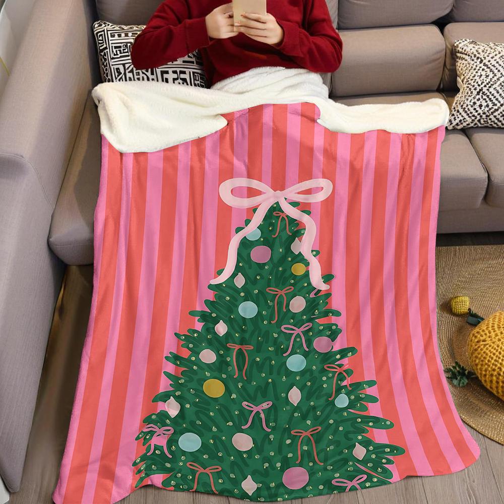 Red Striped Christmas Tree Flannel Blanket Warm Soft Halloween Christmas Couch Warm Cozy Decorative Decor Gift For All Season