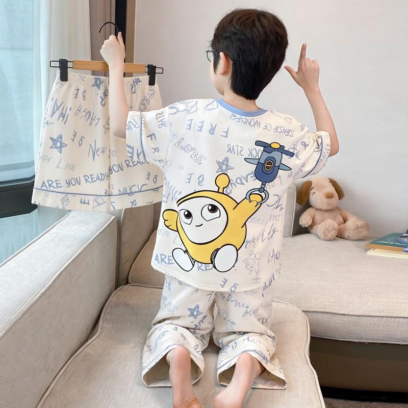 Boys Cotton Pajama Set Short Sleeve Shorts 3-Piece Cartoon Sleepwear Lightweight Home Outfit Kids