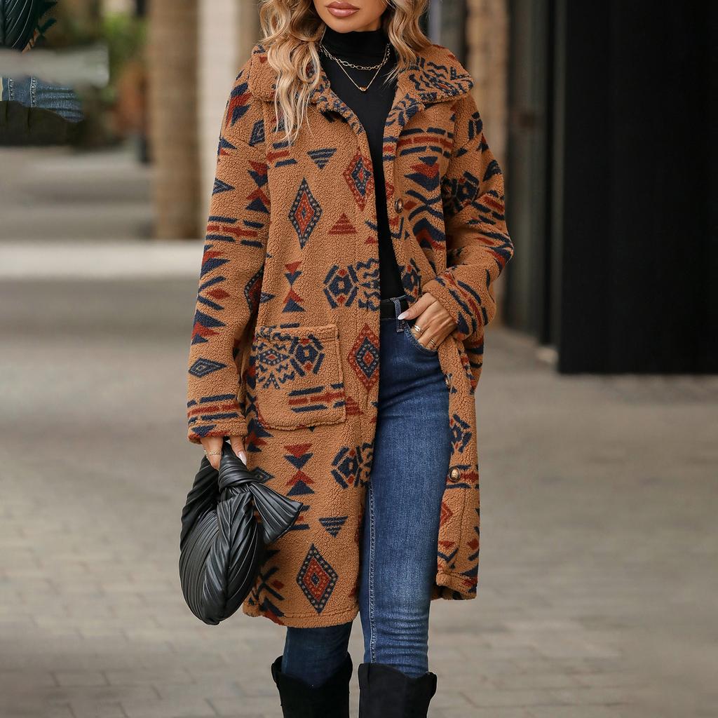 Cappotto Lungo Giacca da Donna a Senso Unico Stile Etnico Stampato Peluche Autunno Inverno