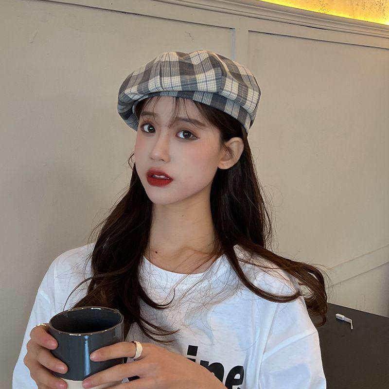 Trendy Japanese Painter Hat Children Spring and Summer Thin and All-Matching Fresh Checked Beret Casual Octagonal Cap Children