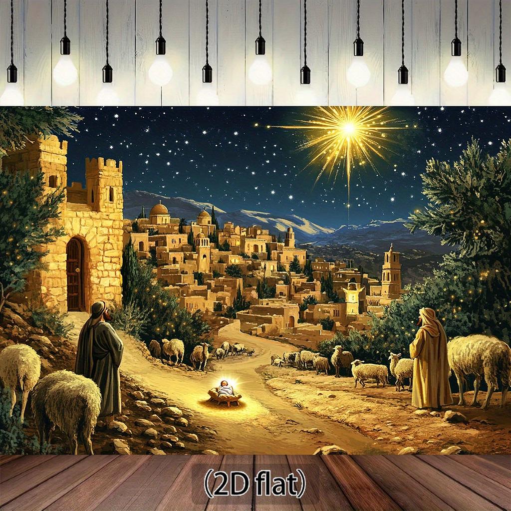2D plane  1 piece of Bethlehem Christmas background cloth - starry night scene of shepherds and baby Jesus  durable polyester