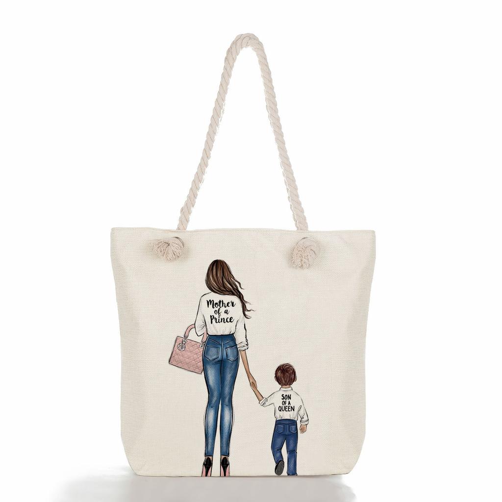 Multifunctional Mom Series Printed Thick Rope Shoulder Beach Bag Casual Large Capacity Handbag 7617