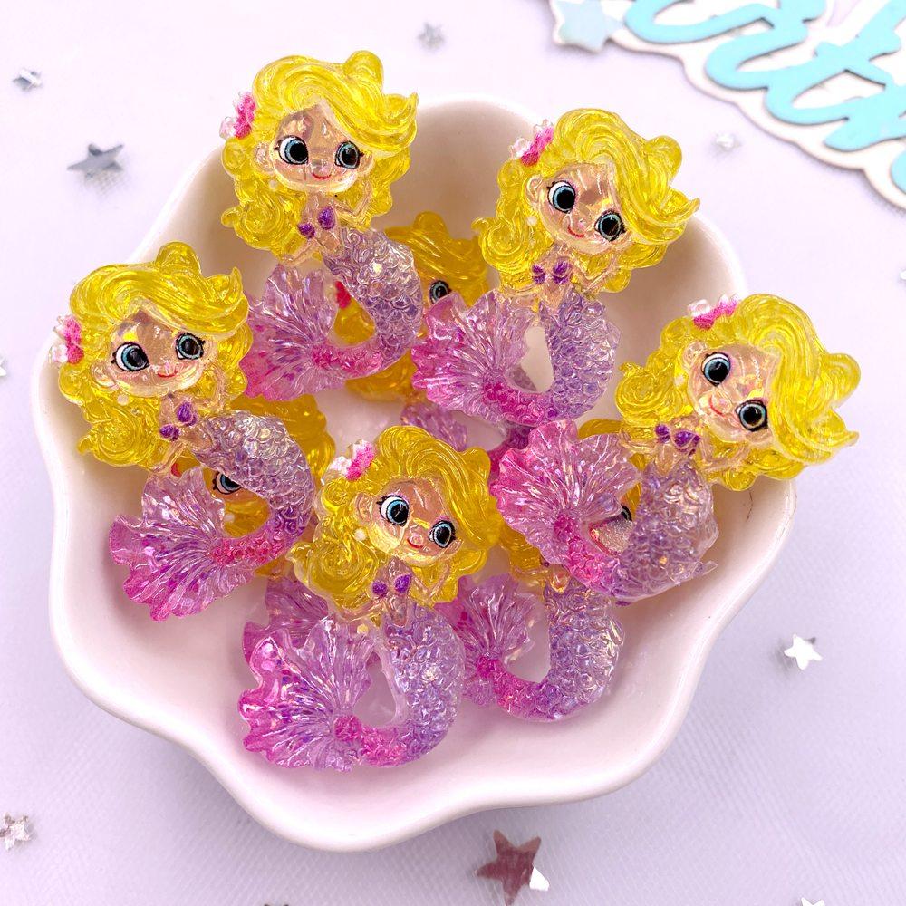 Resin Colorful Cartoon Glitter Mermaid Princess Girl Flatback Christmas Figurines 10PCS Scrapbook DIY Bow Accessory Decor Crafts