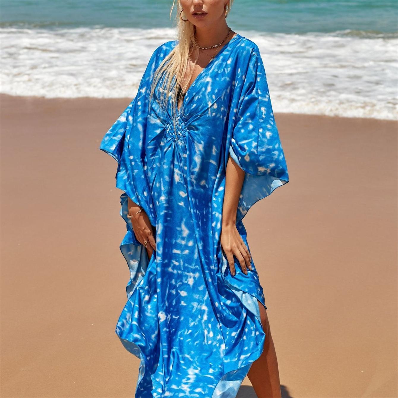 

YYFS женская мода отпуск лето весна синий цвет принт с длинным рукавом v-образным вырезом повседневные платья One Size синий