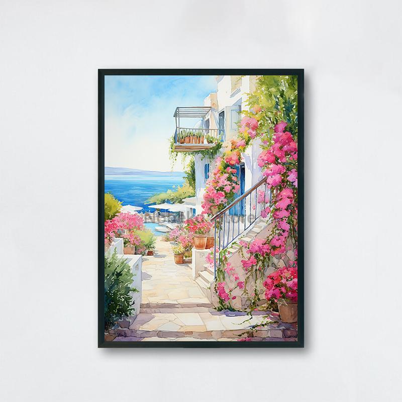 Watercolor Style Mediterranean Coast Sea Poster Seaside Landscape Prints Canvas Painting Wall Art Pictures Home Room Beach Decor