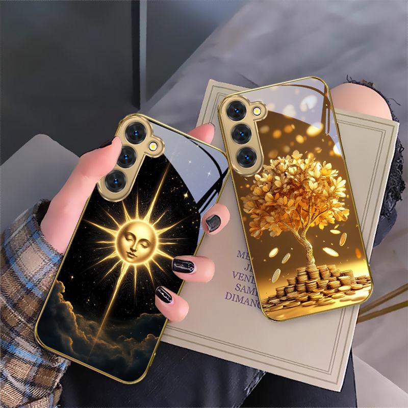 Mysterious Black Cat For Samsung Galaxy S26 S20 FE S21 S22 S23 Plus S24 Ultra S25Ultra S21+  S22Plus Golden Glass Phone Case