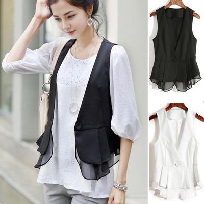 Lady Women Vest Coat Single Button Closure Sleeveless Pleated Ruffle Mesh Patchwork Slim