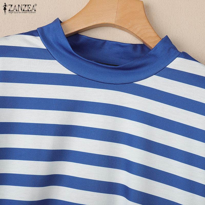 ZANZEA Damen Lässig Stehkragen Locker Halber Ärmel Streifen T-Shirt