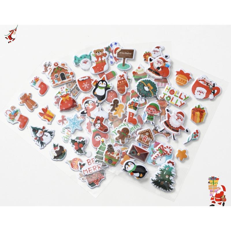 225pcs 4 Styles*3 Sheets Christmas Bubble Stickers 3D Cartoon Decoration Santa Claus Elk Stickers, Refrigerator Stickers