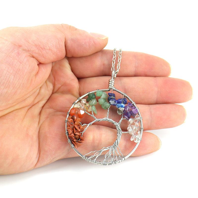 Natural Stone Irregular Tree Of Life Necklace Pendant Amethyst Wrapped Wisdom Tree Necklace Colorful Gravel N02
