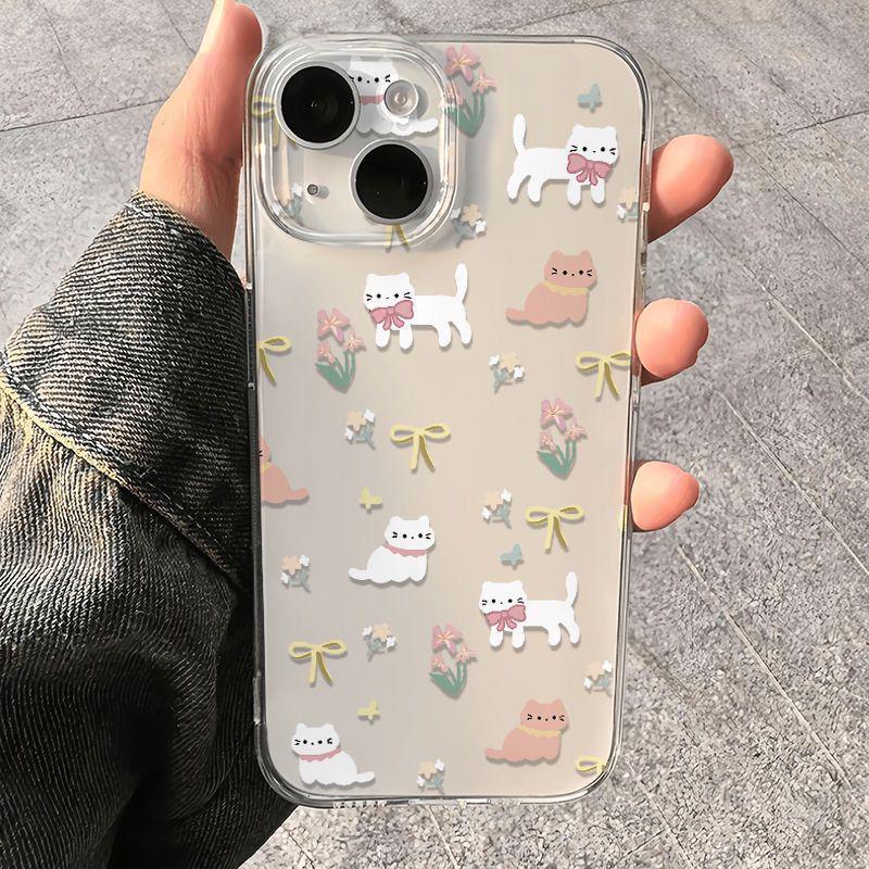 Bow Flower Kitten Apple 17 Pro Max Transparent Soft Phone Case, Compatible with iPhone 16/17, Pro 15