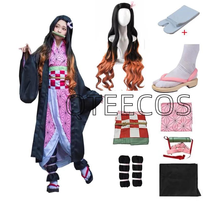 Kamado Nezuko Cosplay Halloween Costume Party Clothes Anime Kimetsu No Yaiba Outfit Wig Shoes Set