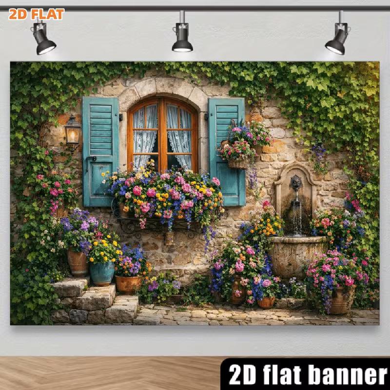 2D French Countryside Stone Wall Backdrop with Flowers & Ivy Photography Background