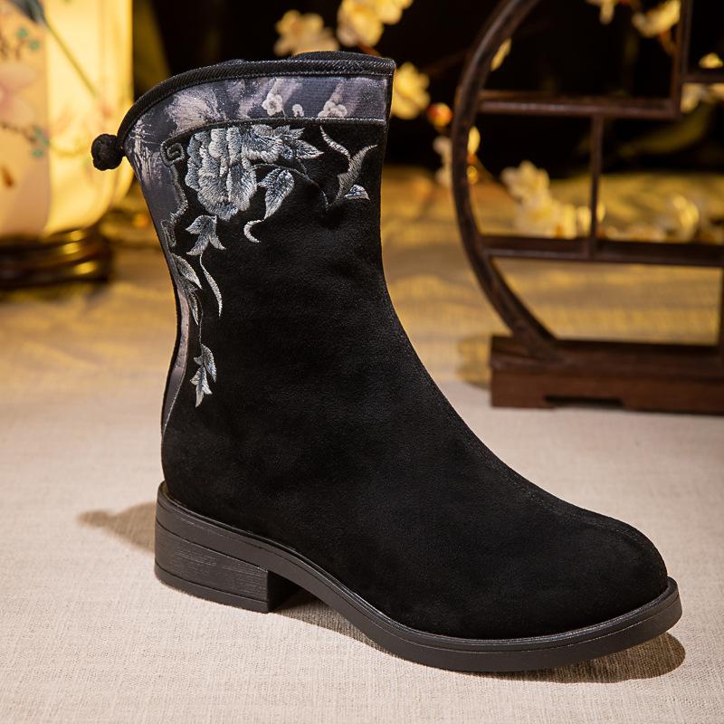 

Зимние теплые ботинки для женщин, ботильоны с вышивкой на низком каблуке, женские ботинки для ходьбы с подкладкой из искусственного меха и молнией сбоку 39