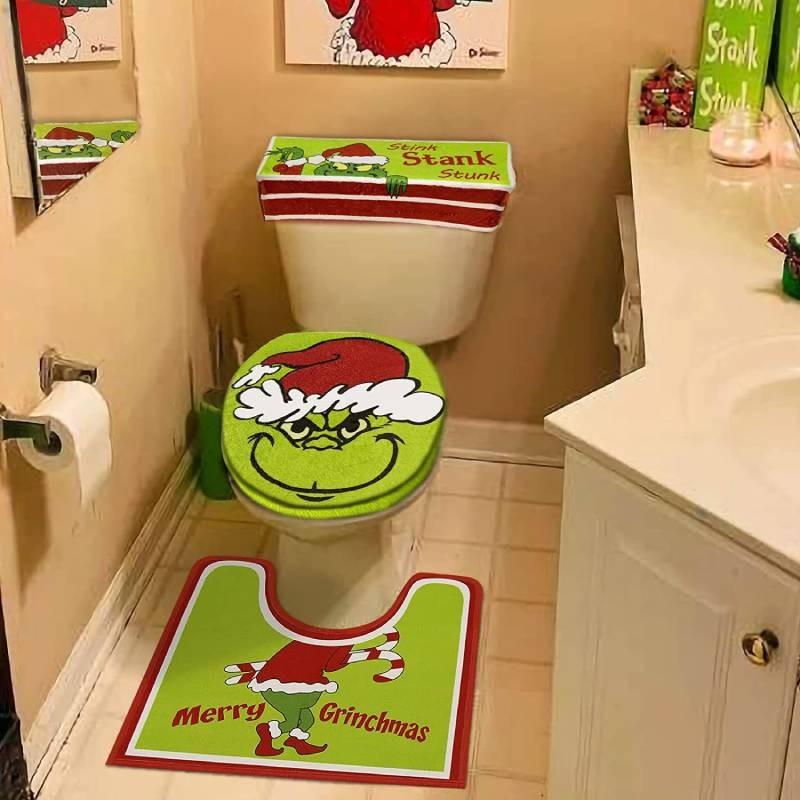 Set Decorazioni Bagno Natale Copriwater e Tappetino Verde Festivo del Grinch