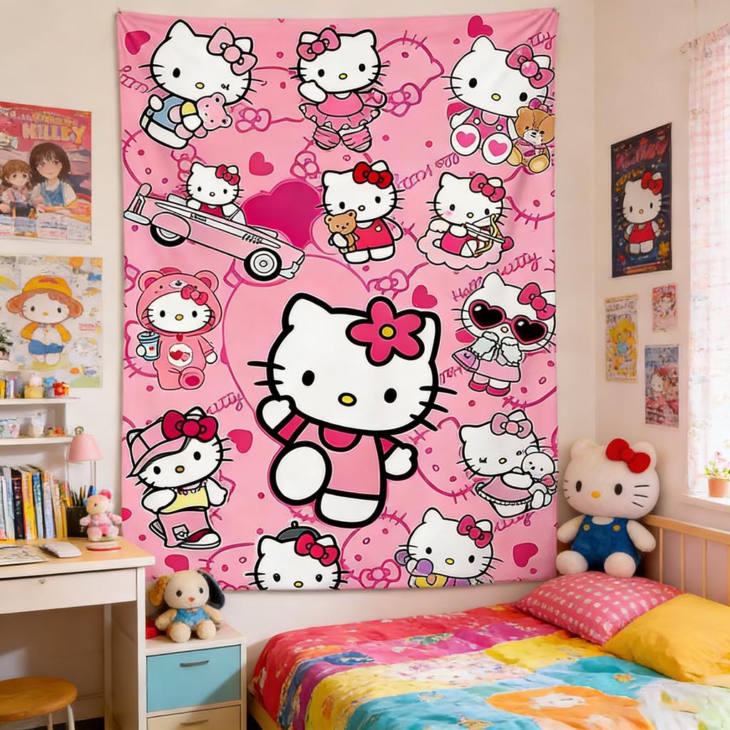 Sanrio Hello Kitty Pink Tapestry MultiStyle Cartoon Printed Wall Decor Cute Bedroom Home Decor Hello Kitty Fan Gift Flat Print