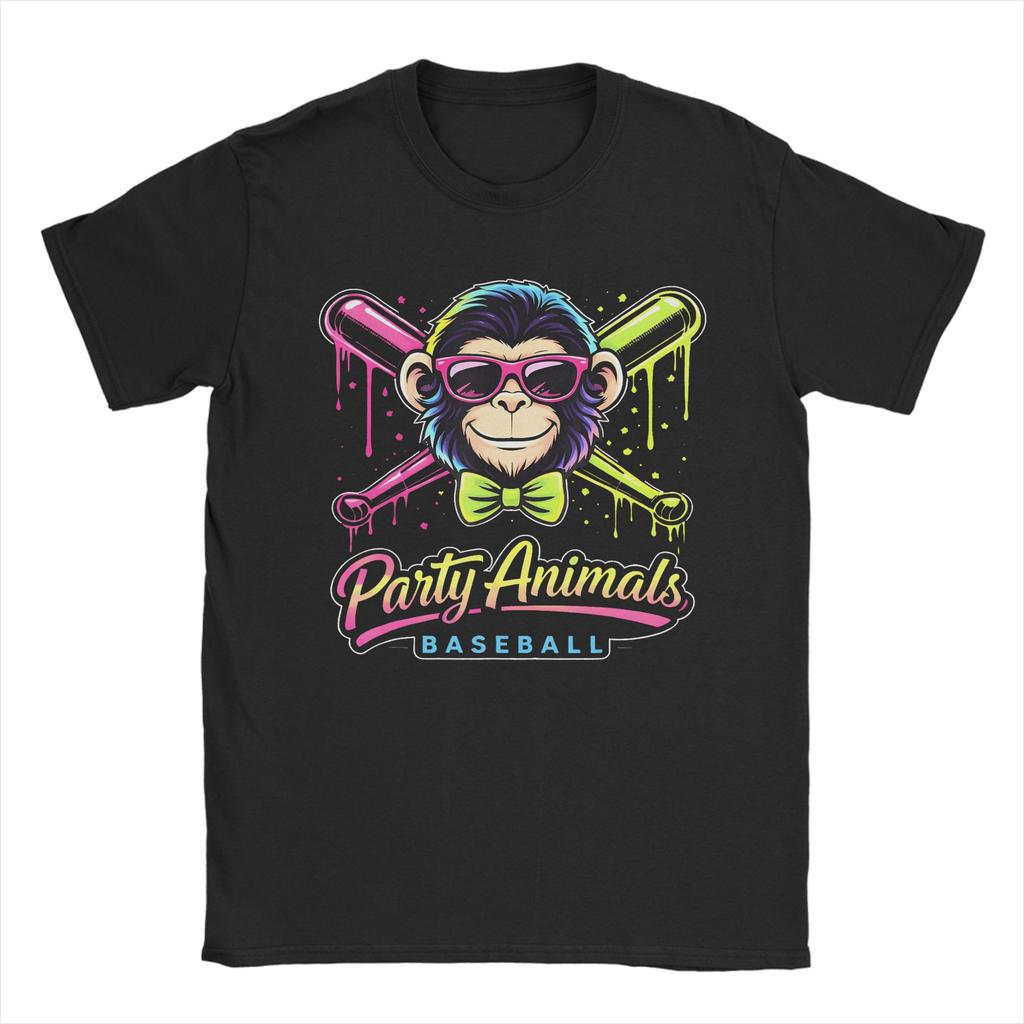 Party Animals Baseball Monkey T Shirt Unisex Pure Cotton Vintage TShirt Crewneck Tees Short Sleeve Clothing Big Size