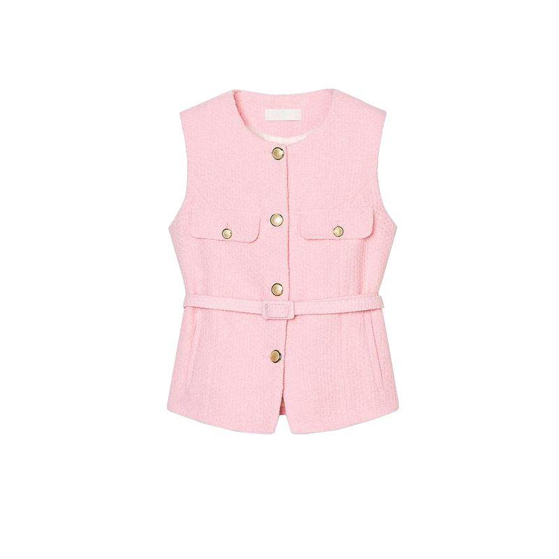 Spring New Women Clothes Simple Style Round Neck Metal Buckle With Belt Punk Texture Vest 2132904
