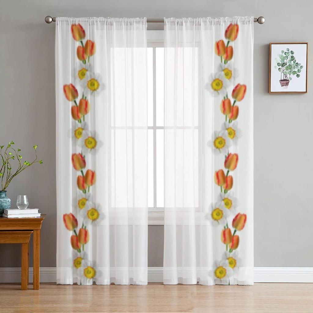 Tulip Daisy Flowers Tulle Curtain For Living Room Sheer Valance Curtain For Kitchen Bedroom Window Drapes