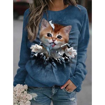 Damen Animal Katze Grafik Sweatshirts 3D Drucke Rundhals Langarm Tops Damenbekleidung Streetwear Herbst Pullover