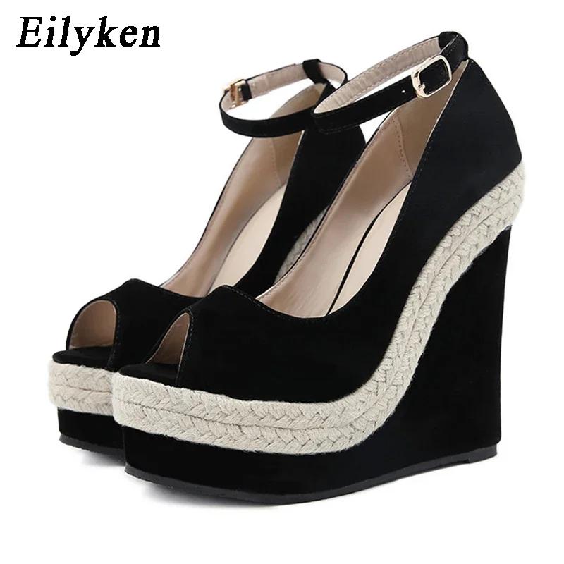 Fashion Eilyken Summer Street Style Peep Toe Solid Platform Wedges Sandals High Heels Women Straw Party Ankle-Wrap Shoes