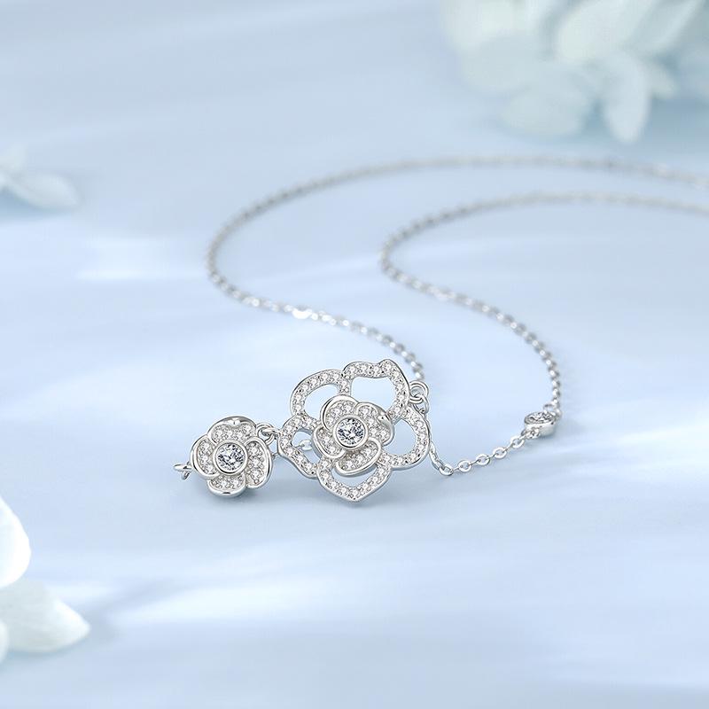 Tichia S925 Sterling Silver Camellia Necklace - High-End Summer Forest Style for Women 925 Silver