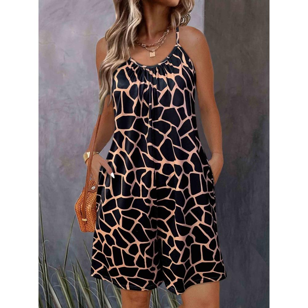 

Женский летний свободный комбинезон с леопардовым принтом на тонких бретельках, повседневный короткий комбинезон XL