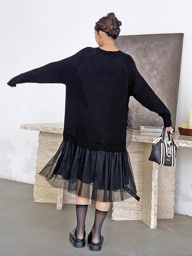 Xitao Patchwork Mesh Falten O-Ausschnitt Einfarbig Damen Kleid GMM1115