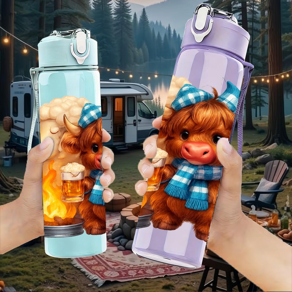 1PC Cozy Bear Campfire Winter Pattern 750ml Color Plastic Sports Water Bottle Leakproof Flip Straw Lid Suitable for Sports Office Home Use