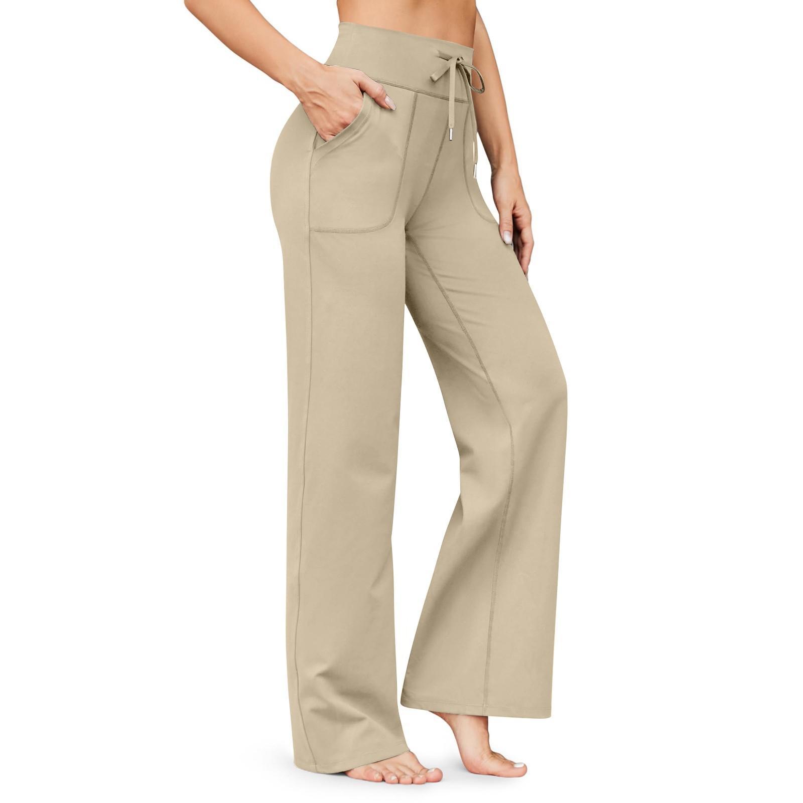 

Широкие брюки для женщин, брюки для йоги, спортивные штаны с высокой талией и карманами, эластичные брюки, удобные спортивные спортивные штаны для тренировок L хаки