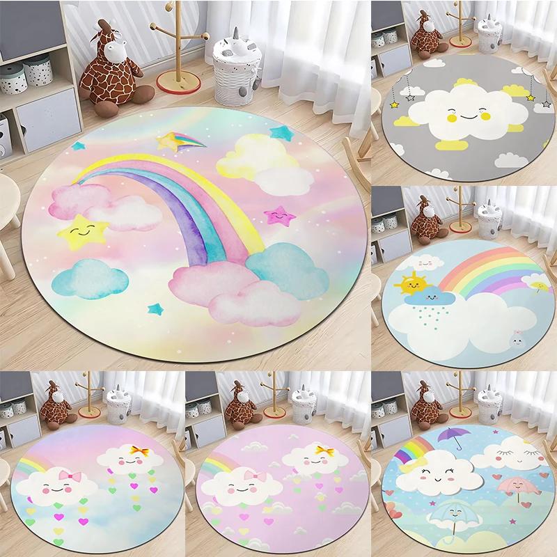 ~O~Rainbow Print Round Rug – Non-Slip Machine Washable Flannel Carpet for Living Room, Kids Play Area & Bedroom