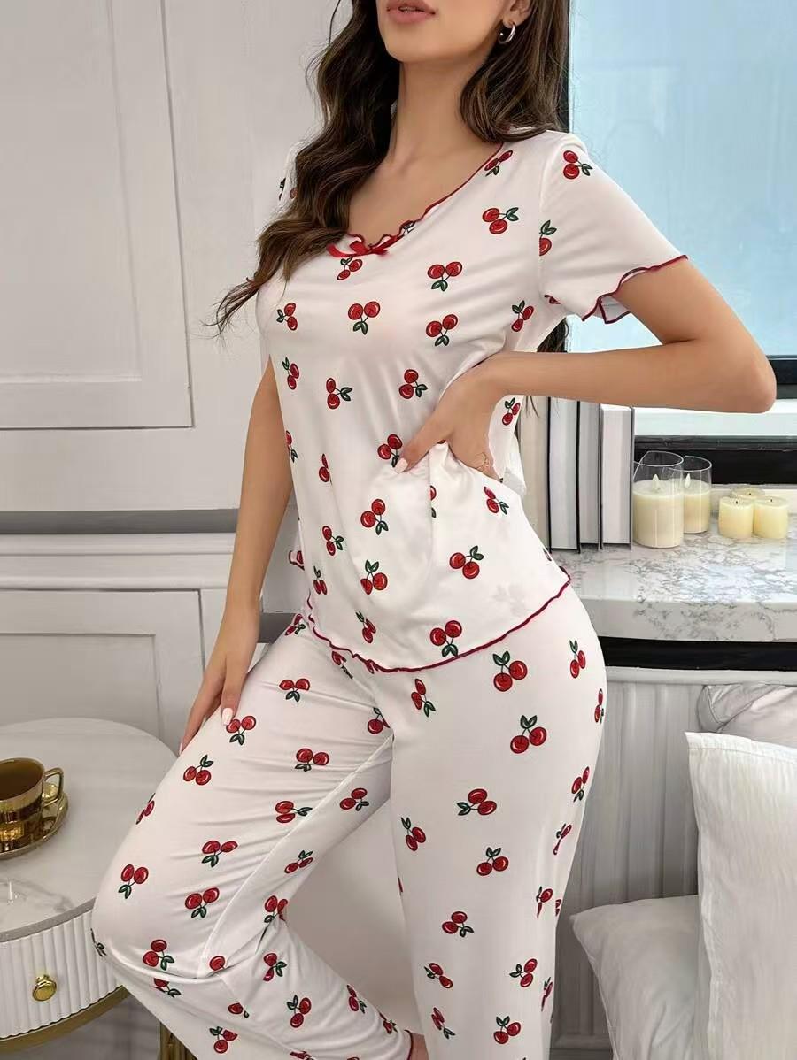 

Женская пижама с коротким рукавом и длинными брюками с принтом вишни и отложным воротником L
