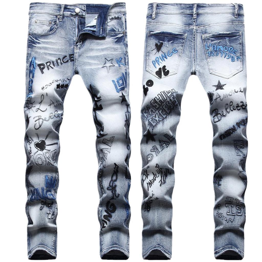 Herrtrendiga Europeiska & Amerikanska Hip-Hop Stil Smal Passform Broderade Jeans