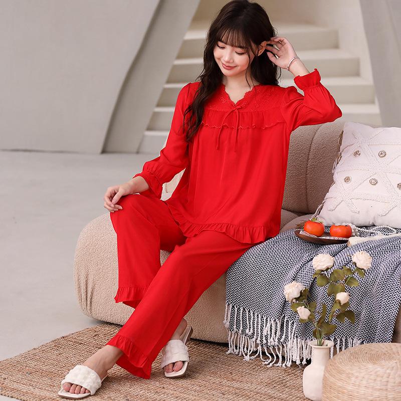Tencel cotton pajamas women's comfortable lace loungewear nine-quarter sleeve trousers women's pullover set spring and summer new models