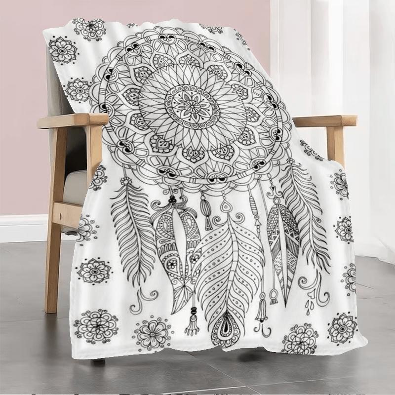 Adult Coloring American Indian Dreamcatcher Flannel Blanket, Black White Hand-Painted Patterns for Stress-Relief Home Gift