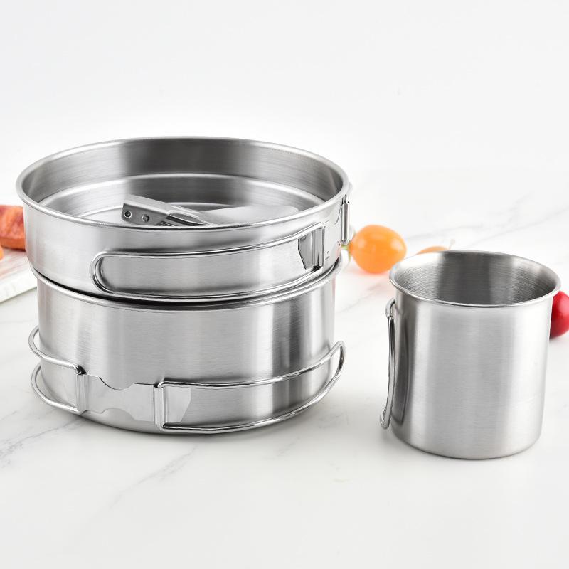 Outdoor Camping Stainless Steel Cookware Set: Portable Sandblasted Cups, Plates, and Pots for Picnics