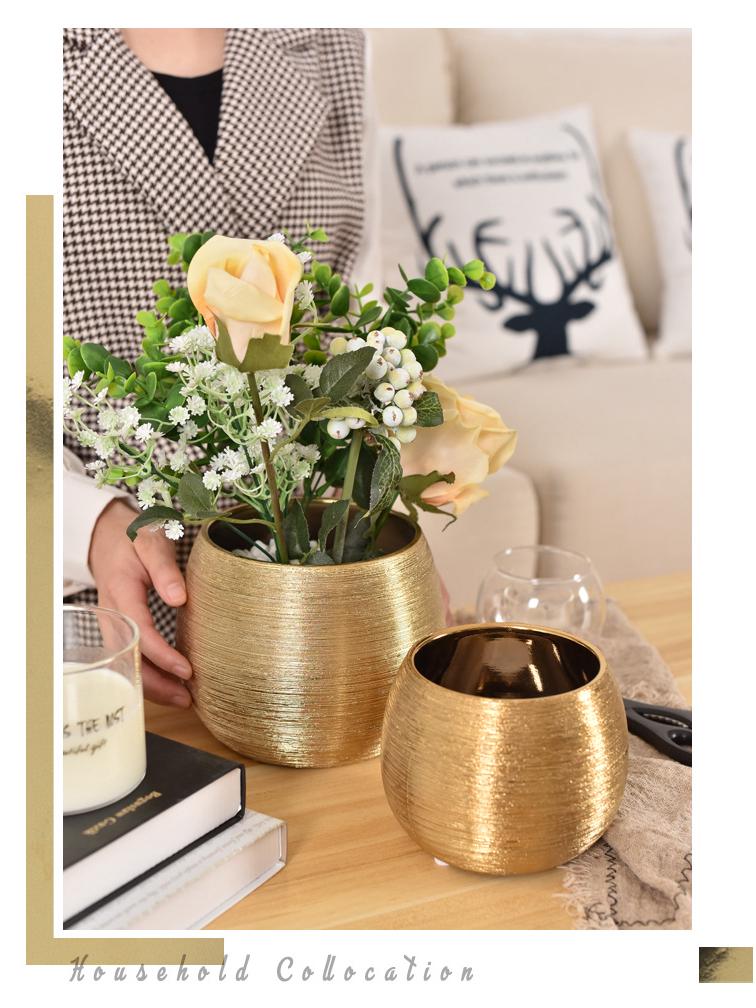 European Style Gold-Plated Ceramic Succulent Pot - Round Brushed Vase for Living Room Decor