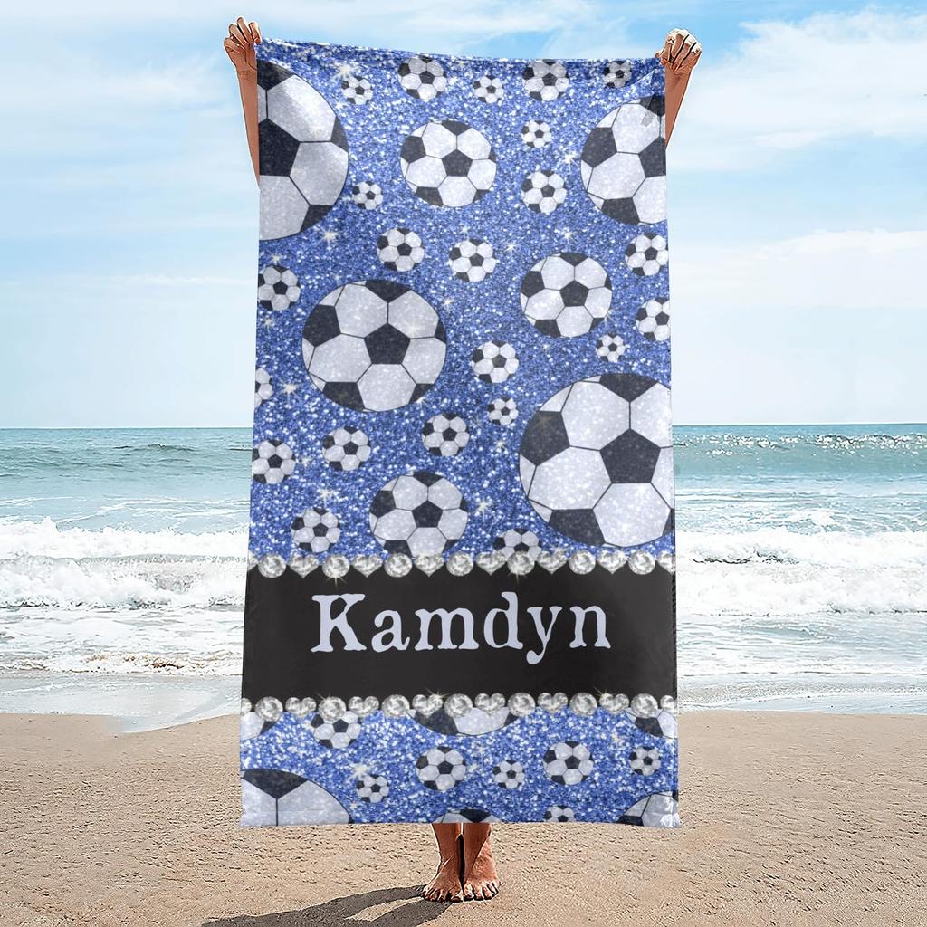Personalisierte Strandtücher mit Namen für Erwachsene und Kinder, Sport-Thema Fußball, Personalisierte Badetücher für Reisen, Schwimmen, Strand, Fitnessstudio, Sport