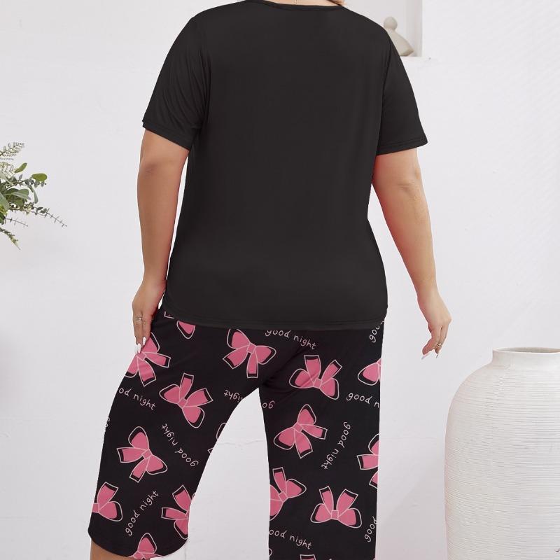 Women's Spring/summer Printed Pajamas Short Sleeve Cropped Trousers Set Milk Silk Home Wear