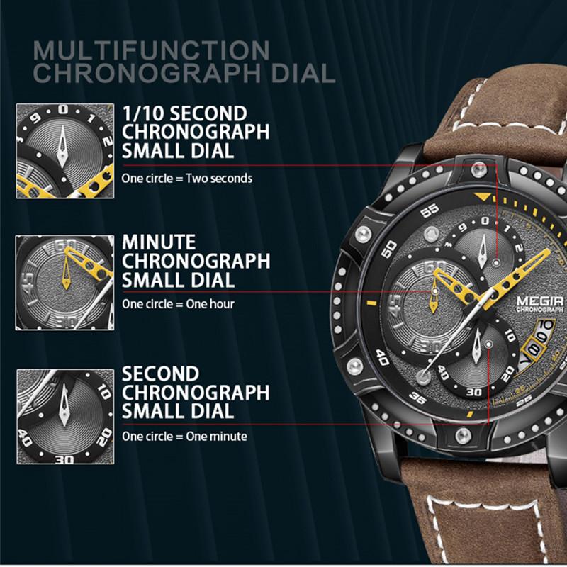 MEGIR 2130 Men Watches Luxury Brand Quartz Wristwatch Waterproof Leather Sports Watch Casual Chronograph Watches Reloj Hombre