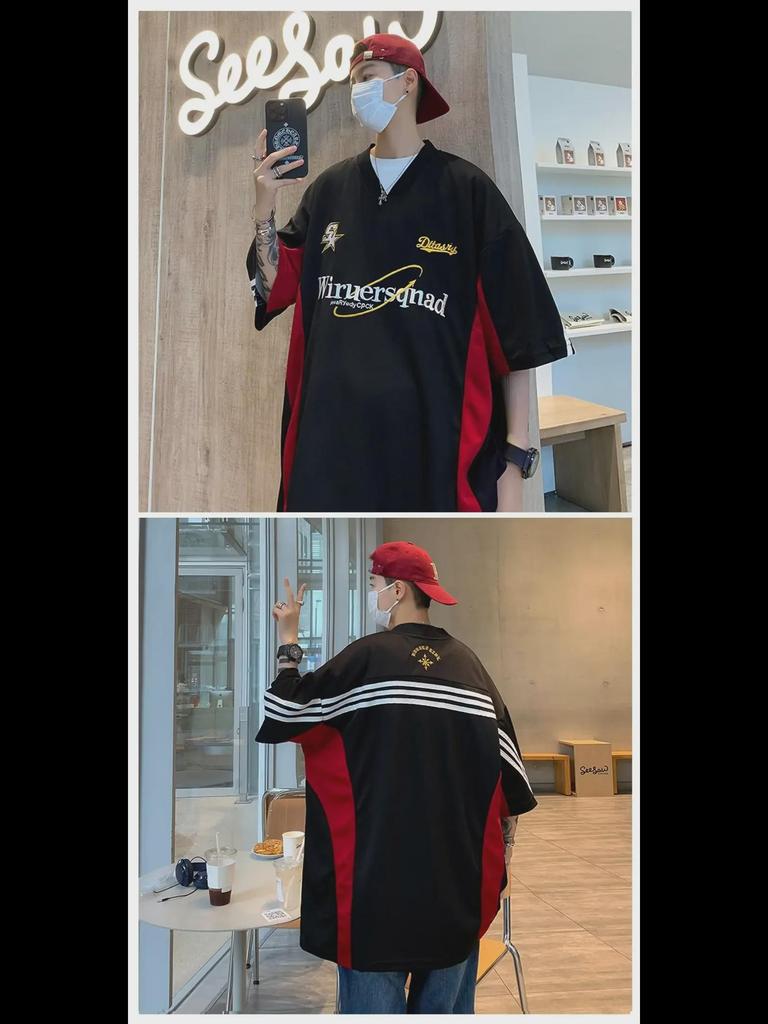 Boys' New Summer V-Neck Embroidered T-Shirt with Five-Point Sleeves – Fashionable and Simple Design