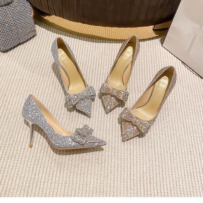 High Heels Women's Thin Heel Pointed Head New Autumn Rhinestone Bow Temperament Wedding Shoes Women's Fashion Single Shoes Sequined Silver