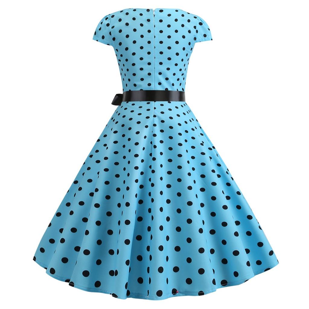 Retro Women's V Neck Short Sleeve Polka Dot Print Lace Up Waist Dress