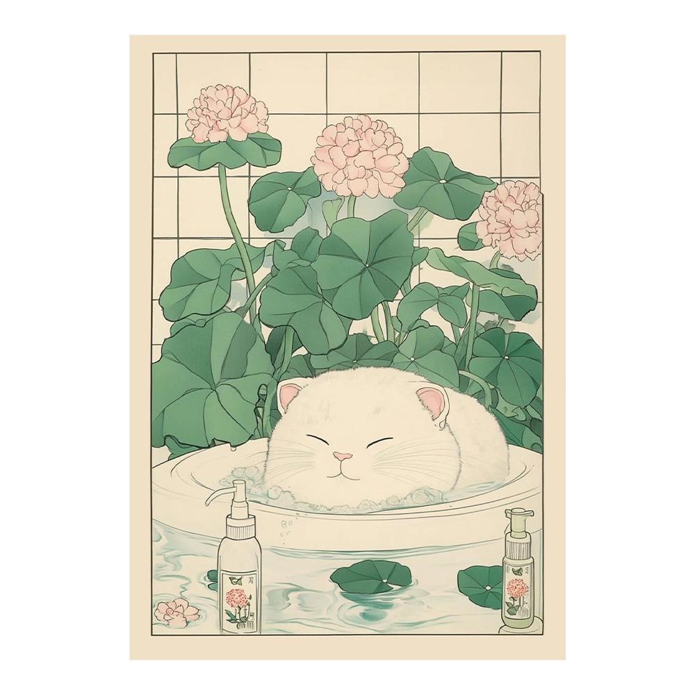 Gato Atigrado Japonés en Bañera Impresiones de Póster Pintura sobre Lienzo Estética Retro Arte de Pared Imagen Japandi Baño Aseo Decoración para el Hogar