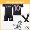 Kit Camisa de Futebol Miami Messi 10 Mls Casa Fora Preto Rosa Tecido Poliéster Inclui Camisa Calção Meias