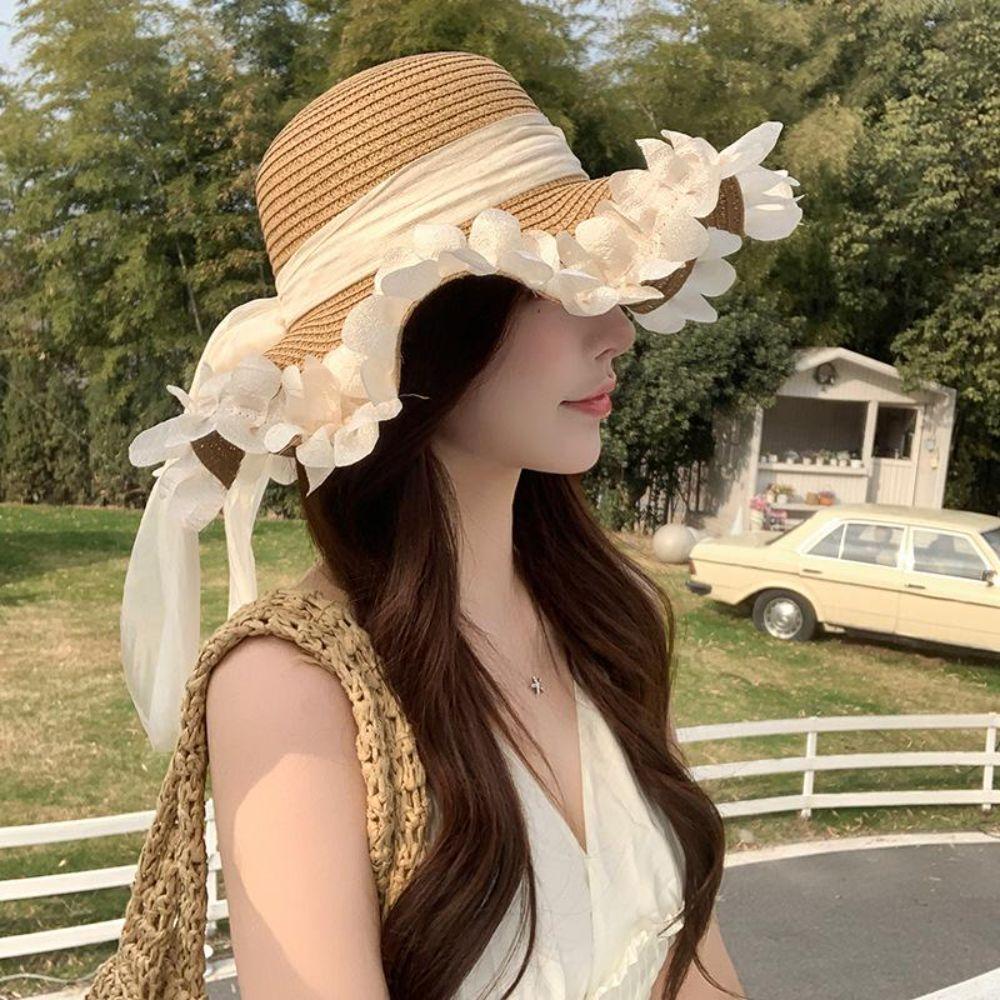 Breathable Straw Hat Wide-brimmed Beach Hat Sweet Sunshade Hat  for Summer Sun Protection