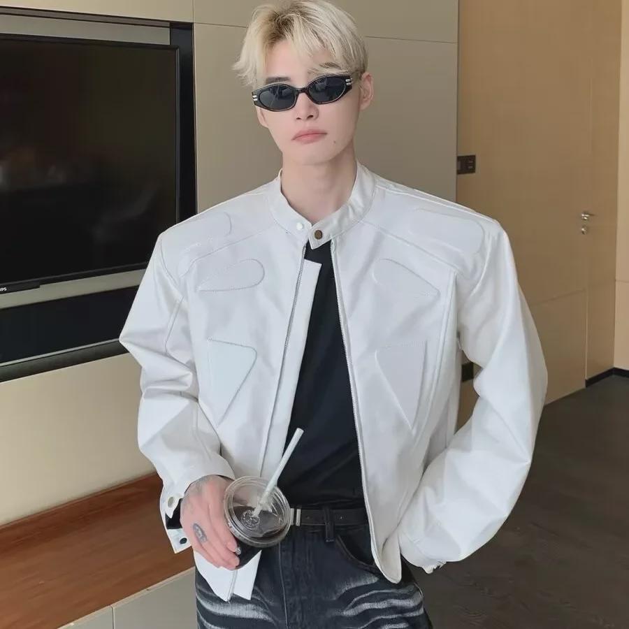 

Высококачественная мужская кожаная мотоциклетная куртка с подплечниками - модный уличный дизайн M белый