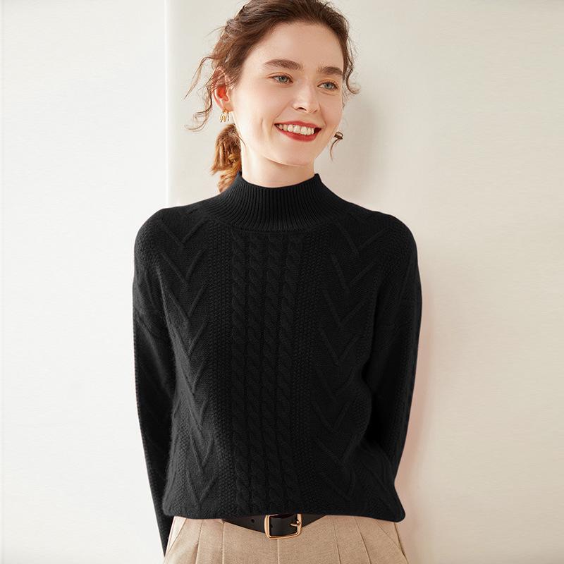 Women's Warm Thickened Cashmere Knit Sweater – Cable Design, Versatile & Skin-Friendly Long Sleeve Top