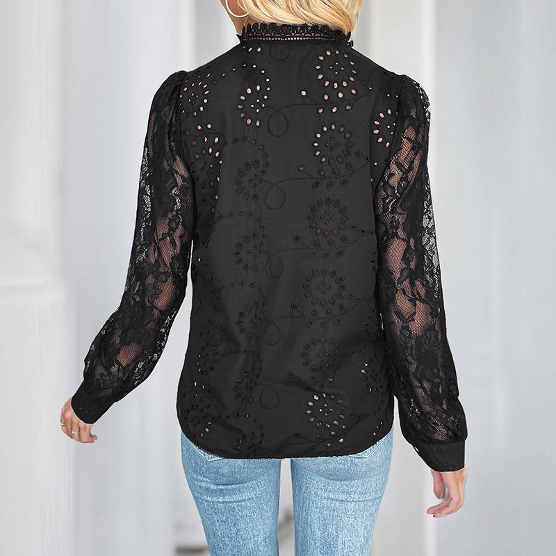 Elegant Black Lace Stand Collar Long Sleeve Shirt - Spring/Autumn 2025 Collection